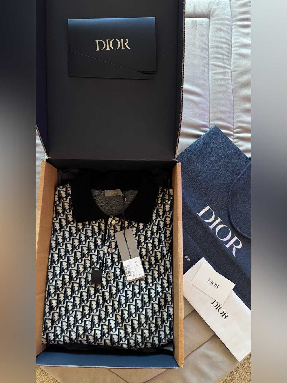 Dior Logo Jacquard Polo in Navy & White